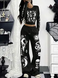 Women's Halloween Wide-Leg Pants Outfit Set, Skeleton Print Fitted Long Sleeve Top, Comfortable High-Waist Casual for Spring & Fall, Womenswear