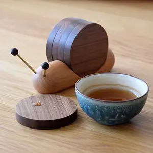 Charming Walnut Snail Coaster Set, Heat Resistant Home Decor, Cartoon Design Tea Cup & Coffee Mug Mat, Relaxing Table Accessory, Wooden Coasters