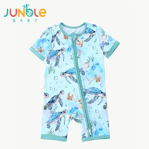 JUNBLEBABY Unisex Bamboo Toddler Outfit, Short Sleeve 2-Way Zipper Toddler Onesie, Soft Breathable Jumpsuit with Turtle Ocean Print for 3-24 Months, Toddler Onesies