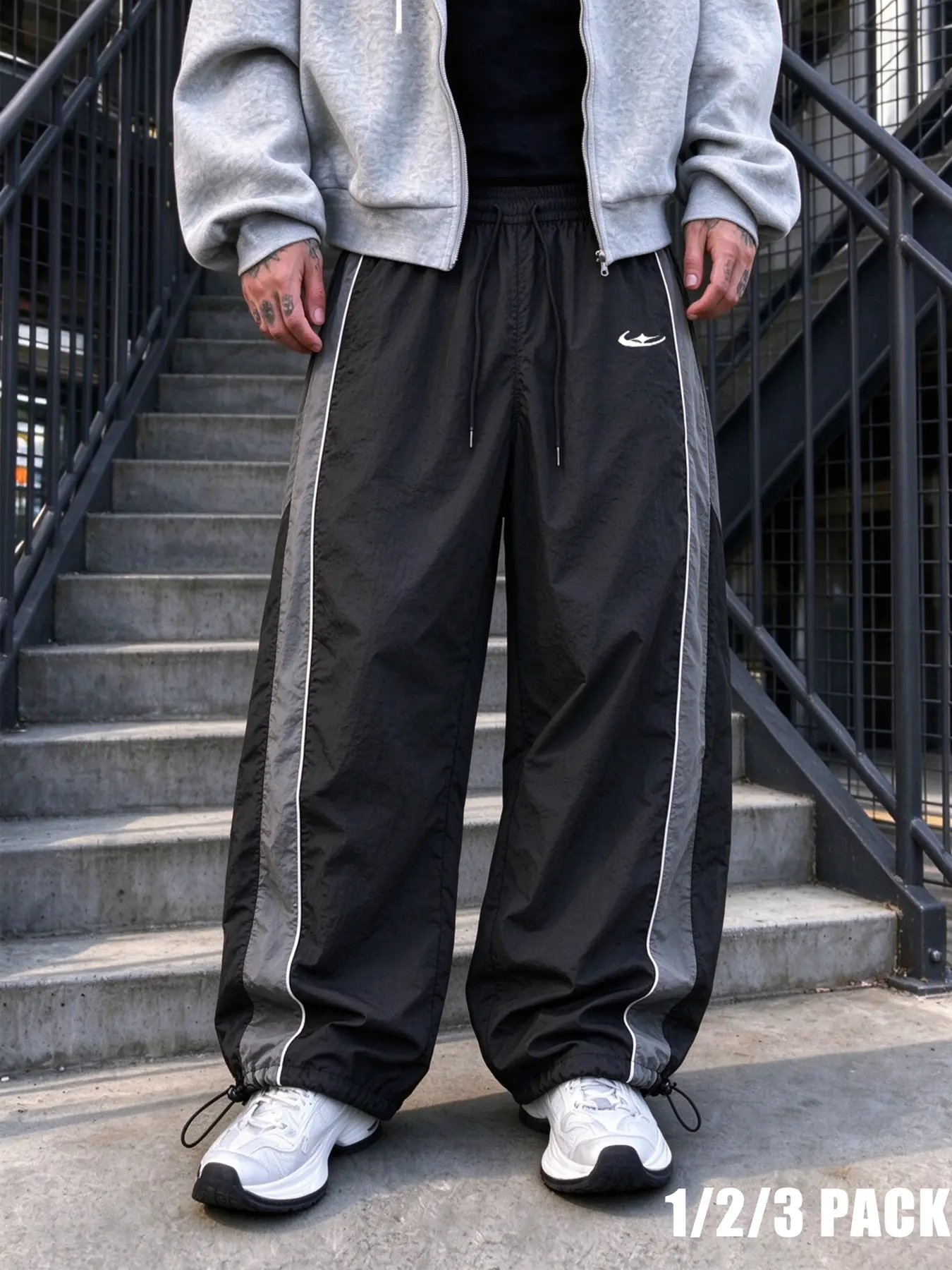 1/2/3 Pack Men's Baggy Parachute Pants, Side Stripe Track Pants, Drawstring Elastic Waist Y2K Retro Streetwear, Windproof Nylon Loose Fit Casual Trousers, Athletic Joggers for Gym Running Hip Hop Daily Wear