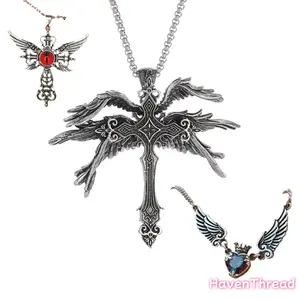 Vintage Distressed Heart Crown Wings Necklace with Red Evil Eye Pendant Retro Six-Wing Angel Cross Bold Unisex Statement Jewelry Handmade Fashion Accessory