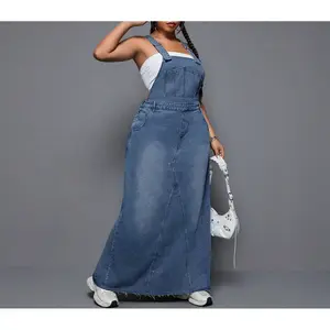 Plus Size Women’s Denim Long Pinafore Dress – Elegant Washed Cotton Sleeveless Straight Skirt Overall