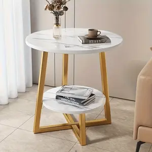 Modern 2-Tier MetalEnd Table with Storage Shelves - Compact Round Side Table for Living Room, Balcony, or Bedroom, White Marble Top, 4 Color Options, Perfect Holiday Gift, Coffee Table for Living Room, Balcony Organizer, Minimalist Design