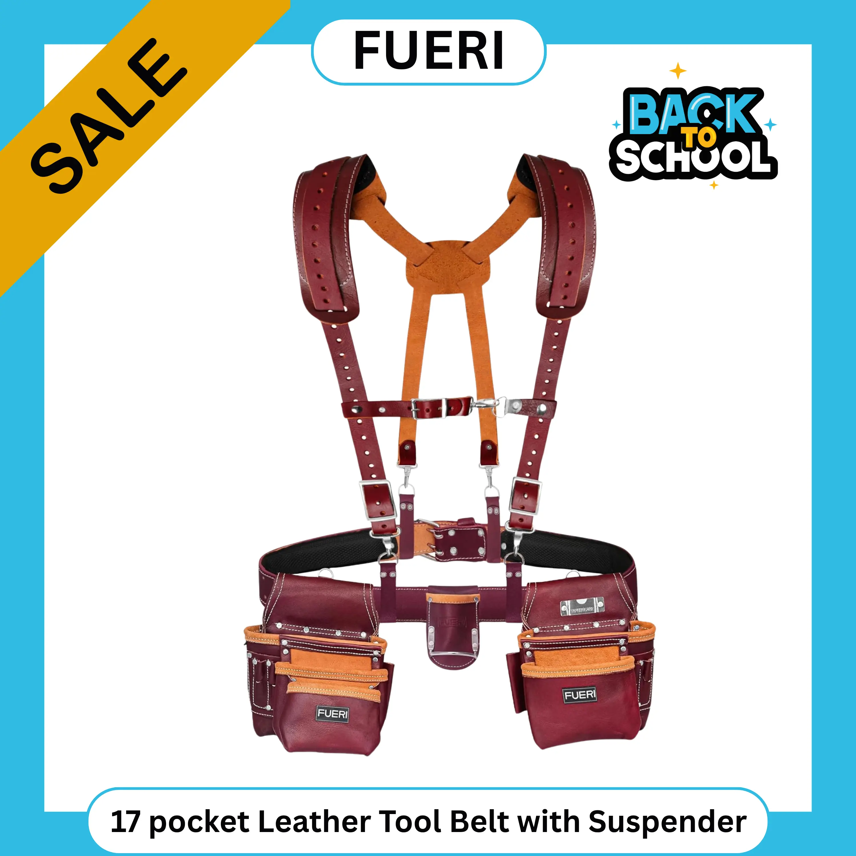 FUERI Leather Tool Belt with Suspenders (17 Pocket, Heavy Duty) – Adjustable Organizer Set for Men. Ideal for Carpenters, Construction Workers, Electricians. Durable & Comfortable  bag . Buy Now! Tool Bag Roll Tool Pouch campingessentials