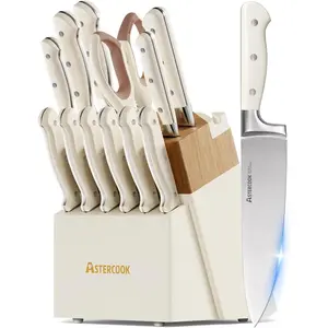 Knife Set,Astercook Kitchen Knife Set with Block 14-Piece Full Tang Stainless Steel Knives with Sharpener Dishwasher Safe and Anti-Slip Ergonomic Handle Elegant Cream White Utensils Set