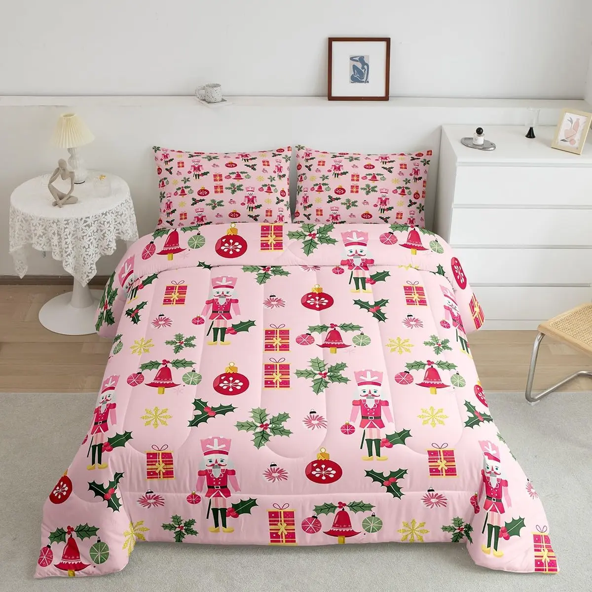 Feelyou Christmas Pink Nutcracker Breathable Microfiber Duvet Set - Cute Decorative Bedding Set with Xmas Snowflakes, Pink Holiday Decor Gift, Breathable Duvet Set