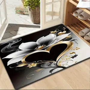 1PC Flannel Entrance Door Mat, Gold Gradient Floral Heart Design, Non-Slip Bottom, Absorbent, Modern Home Decor, Home Decor Rugs