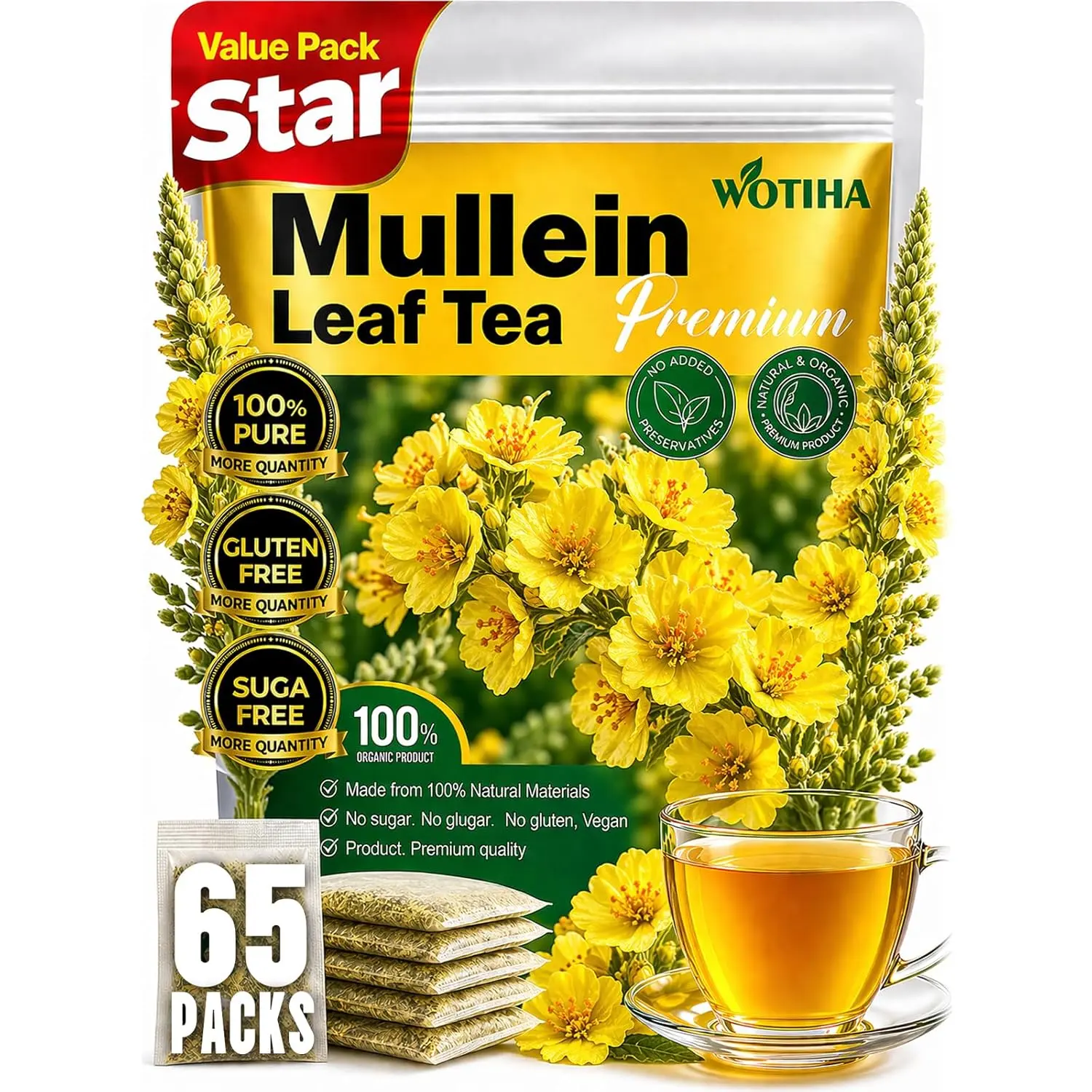 WOTIHA 65 Count Value Pack Premium Mullein Leaf Tea Bags - 100% Pure Natural Herbal tea, Lungs Cleanse & Respiratory Support, Caffeine-Free, No Additives, Non-GMO