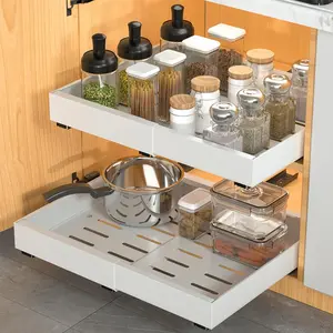 Expandable Kitchen Drawer Organizer with Sliding Trays, Adjustable Shelf Rack, Stainless Steel Cabinet Spice Storage Tray, Kitchen Organization Box