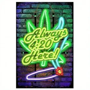 420 Wall Decor, FUNGNUT Funny Vintage Metal Tin Sign "Always 420 Here!" Retro Leaf & Neon Design, 8x12 Inch Durable Aluminum Wal