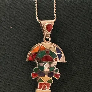 Tumi Charm with Necklace .950 - Colorful Mosaic Design, Silver Tone Chain, Unique Jewelry Piece