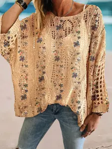 Women's Spring Summer Knit Top, One Shoulder Hollow Out Batwing Sleeve, Floral Print Long Sleeve, Boho Style, Casual Elegance
