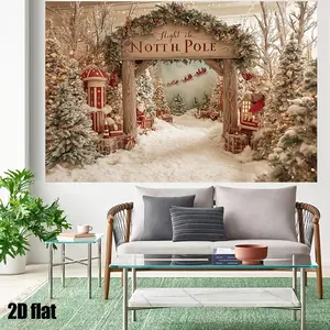 1pc 2D Flat Winter Wonderland Christmas Backdrop Banner Snowy North Pole Scene Gingerbread Houses Sleigh - Self - Standing pty decor Sturdy Frame Electricity Needed Lightweight Indoor/Xmas Parties Ph