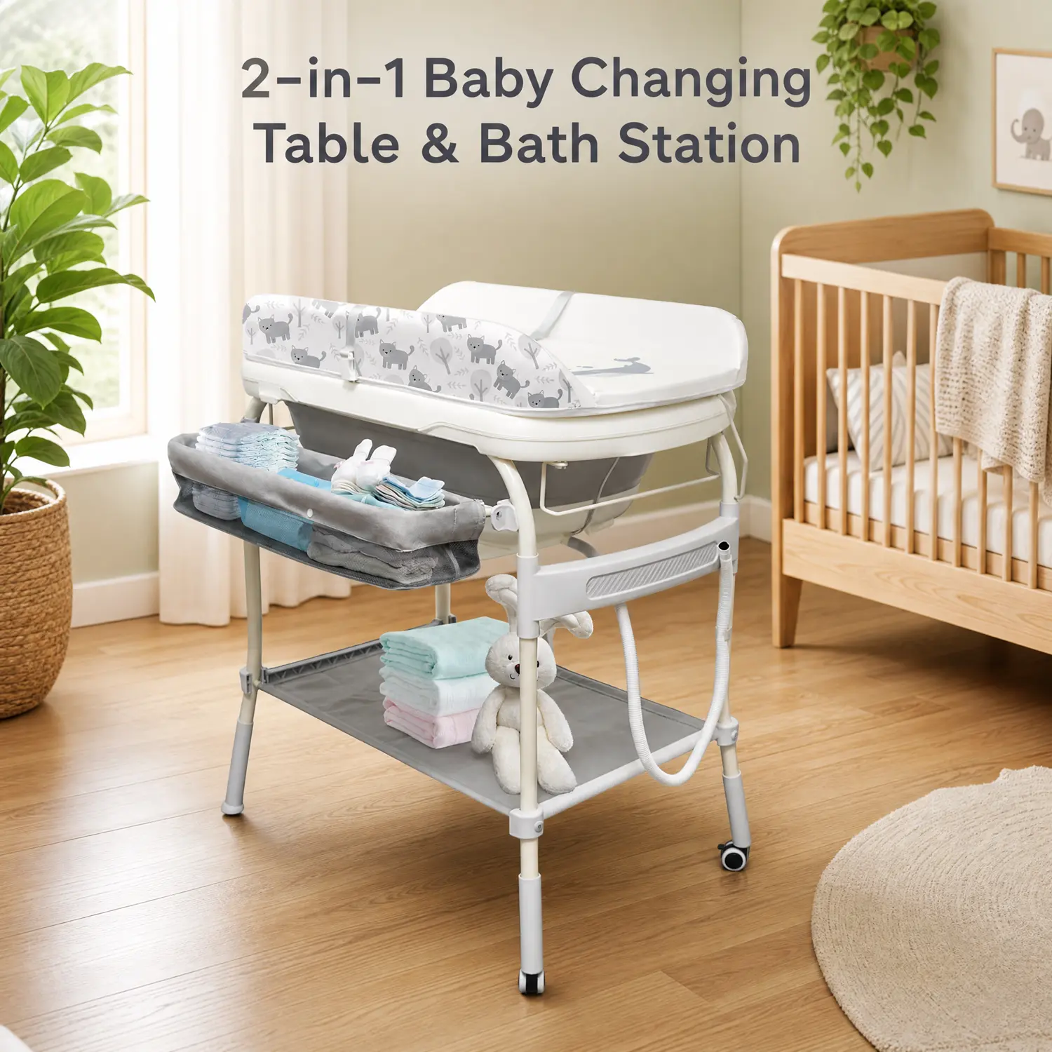 2 In 1 Safety Collapsible Baby Bathtub With Changing Table,Waterproof Diaper Changing Station Portable Travel Cute Care Baby Tub,Adjustable Height Nursery Organizer With Storage Racks For Newborn Infant Toddler Mom