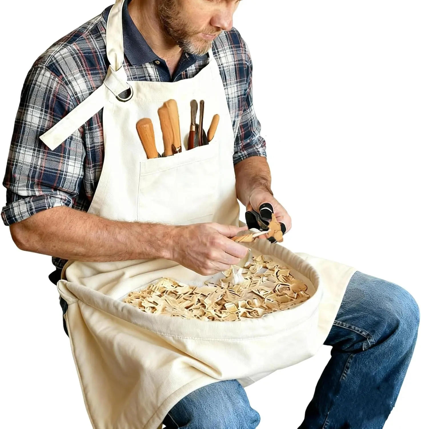 Woodcarving Apron-Work Apron with Brown Leather Chest Patches, Tool Pocket