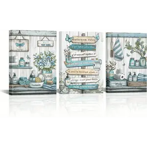 2D Flat Painting 3-Piece Set Framed Canvas Modern Simple Elegant Farmhouse Bathroom Wall Art Canvas Teal Green Wall Decoration Rustic Bathroom Decorative Painting Turquoise Picture for Bathroom Wall Decoration Framed Art Wall Decor 12 x 16inch / 30 x 40cm