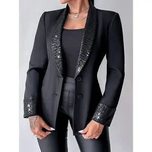 Green Fruit Collar Contrast Sequin Blazer – Women’s Elegant Jacket, Long Sleeve, Polyester Fabric