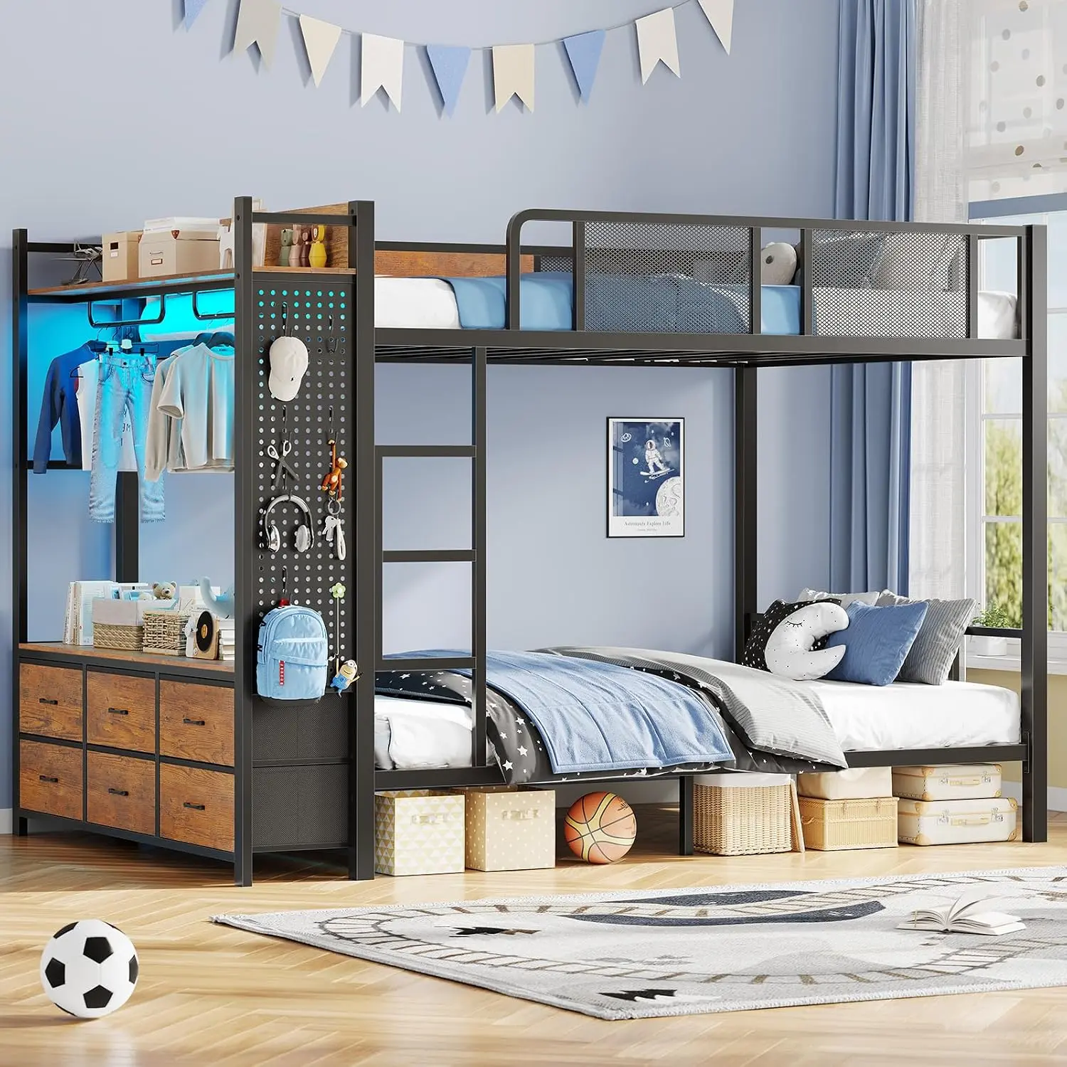 Itaar Metal Bunk Bed Full Over Full with Hall Tree, Power Outlet, LED Bunk Bed with 6 Storage Drawers, Bed with 13'' Safety Guardrail & Ladders for Kids and Teen, 400lb Weight Capacity