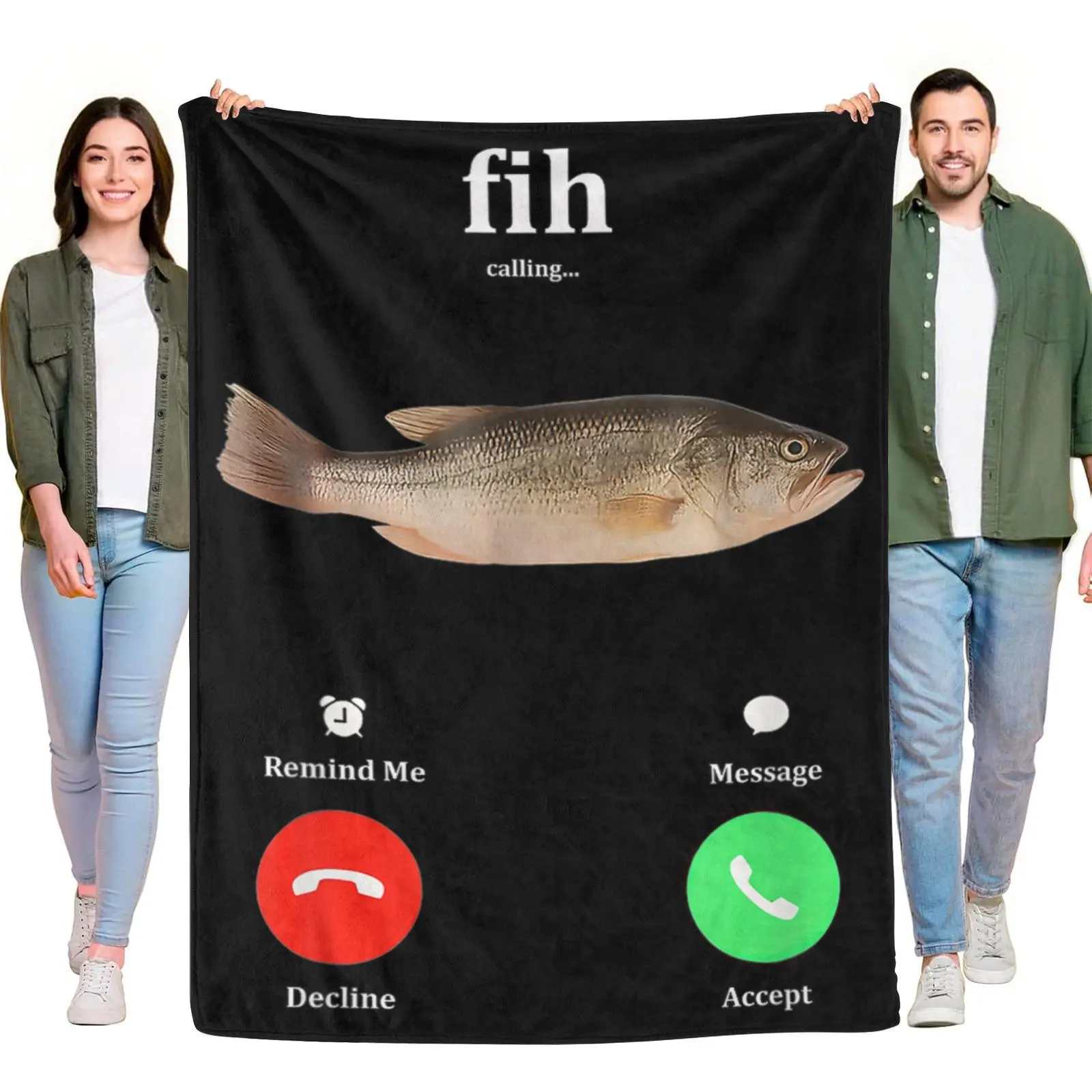 Fih Calling Funny Bass Fish Phone Screen Viral Meme Plush Throw Blanket, Fishing Lover Humor Lightweight Blanket for Angler Cabin Living Room