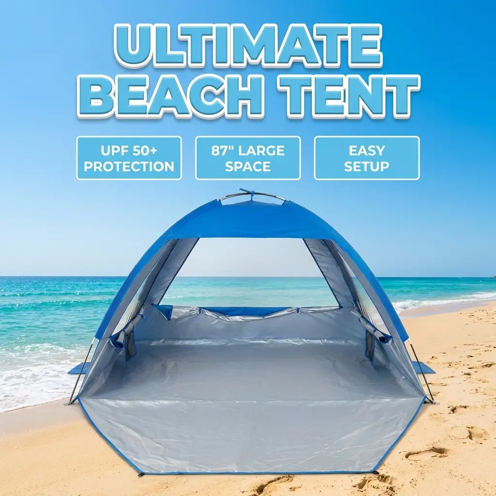 YUANYEE Cool Cabana Beach Tent for 3-4 People, 190T Polyester Sun Shelter with UPF 50+ Protection, Extendable Floor & 3 Ventilating Sides, 190T Silver Fabric, 40" Floor Stretch, 8Mm Fiberglass Poles