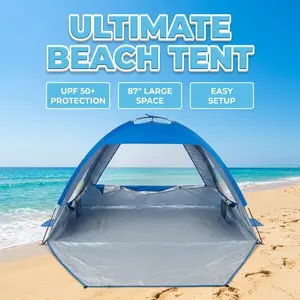 YUANYEE Cool Cabana Beach Canopy Beach Tent for 3-4 Person, Anti-UV Portable Sun Shade Shelter with Extendable Floor, 3 Ventilating Mesh Windows, Carrying Bag, Stakes & Guy Lines