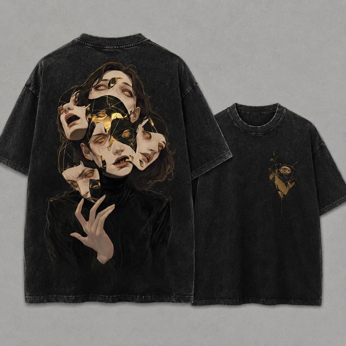 Shattered Ego Graphic Shirt, Vintage Kintsugi Faces Double Sided Tee, Gothic Dark Surrealism Apparel, Black Wash Opium Core Grunge Gear