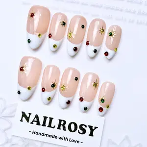 Nailrosy 10Pcs Handmade Medium Almond Acrylic Press-on Nails, 3D Floral Garden French Gems Nail Supplies, Beach Essentials for Women’s Festivals & Daily Wear