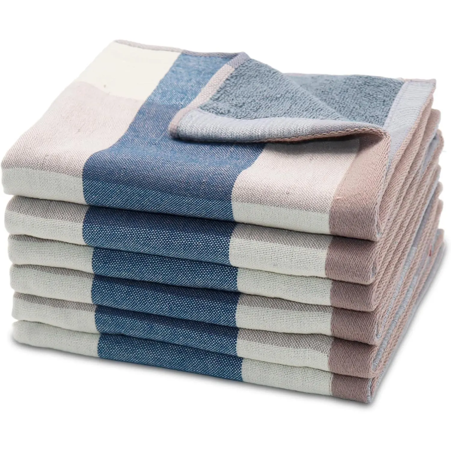 6 Pack  Cotton Washcloths, Dual-Sided Design (Terry + Gauze) Facecloths, 13x13 Inch Ginghqm Washrags, Soft & -Friendly, for Bathroom, Kitchen & Household (Blue, 13x13 Inches)