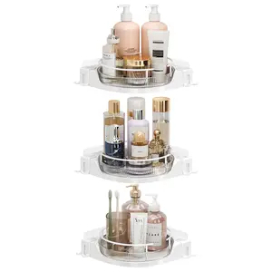 360°Rotating Corner Shower Caddy, No-Drill Adhesive Shower Shelf Organizer with Hooks, Lazy Susan Bathroom Storage for Bathtub, Shower Corner & Kitchen Sink, Space Saving Bathroom Organizer