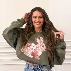PiNk Floral Bunny FAUX Patchwork, DTF Print, Trendy Easter Spring FAUX Patchwork, Floral Retro, Cottage core Gingham FAUX Patchwork Sweatshirt (NOT Real Fabric Patches)