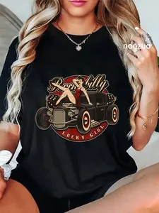 100% Cotton Hot Rod Retro Vintage Vintage Car Rockabilly Lucky Girl T-Shirt