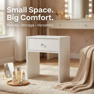 White Vanity Stool with Storage Drawer for Small Spaces