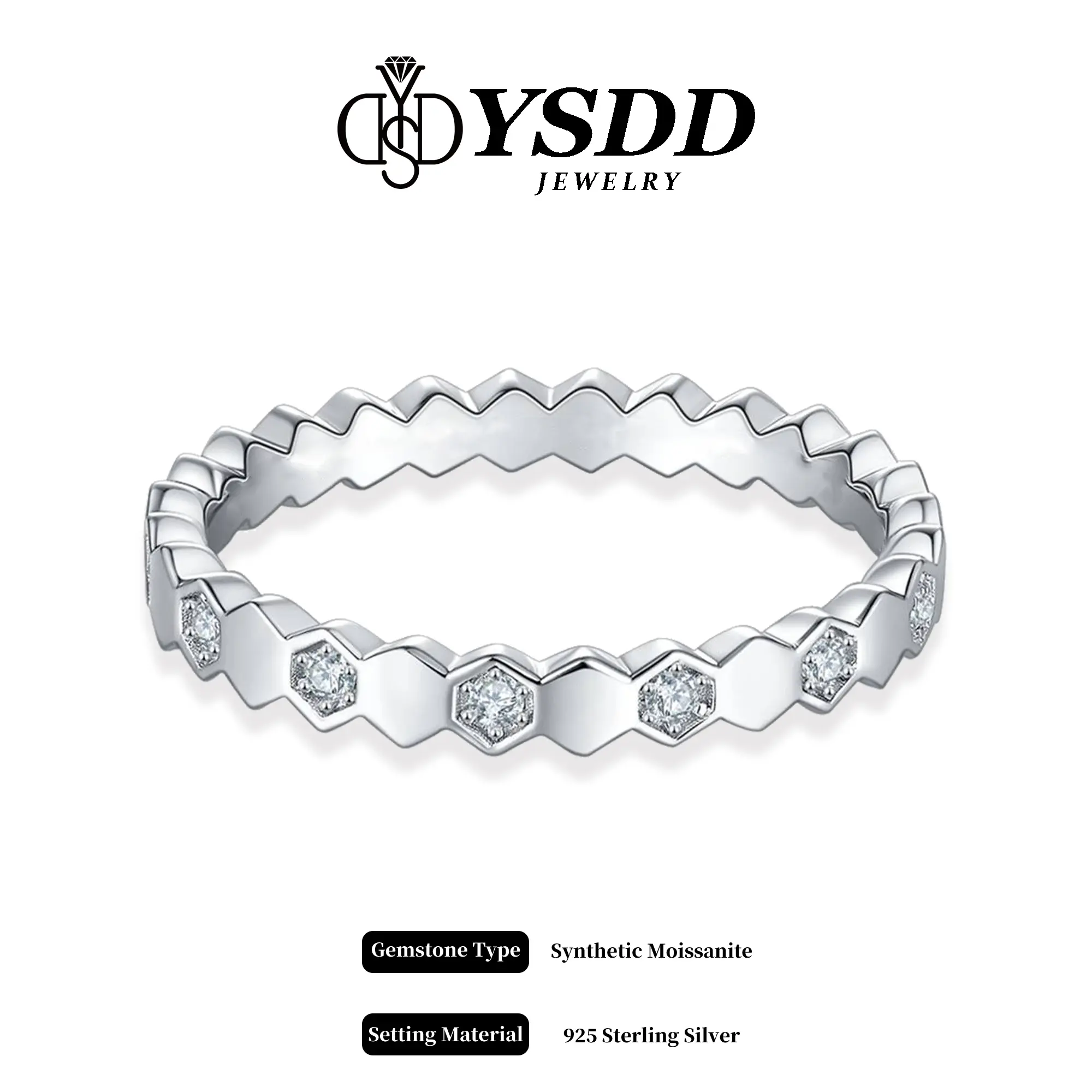 【#729 B MY LOVE】Classy Full Moissanite Hexagonal Honeycomb Ring vvs Synthetic Moissanite Rings in 925 Sterling Silver
