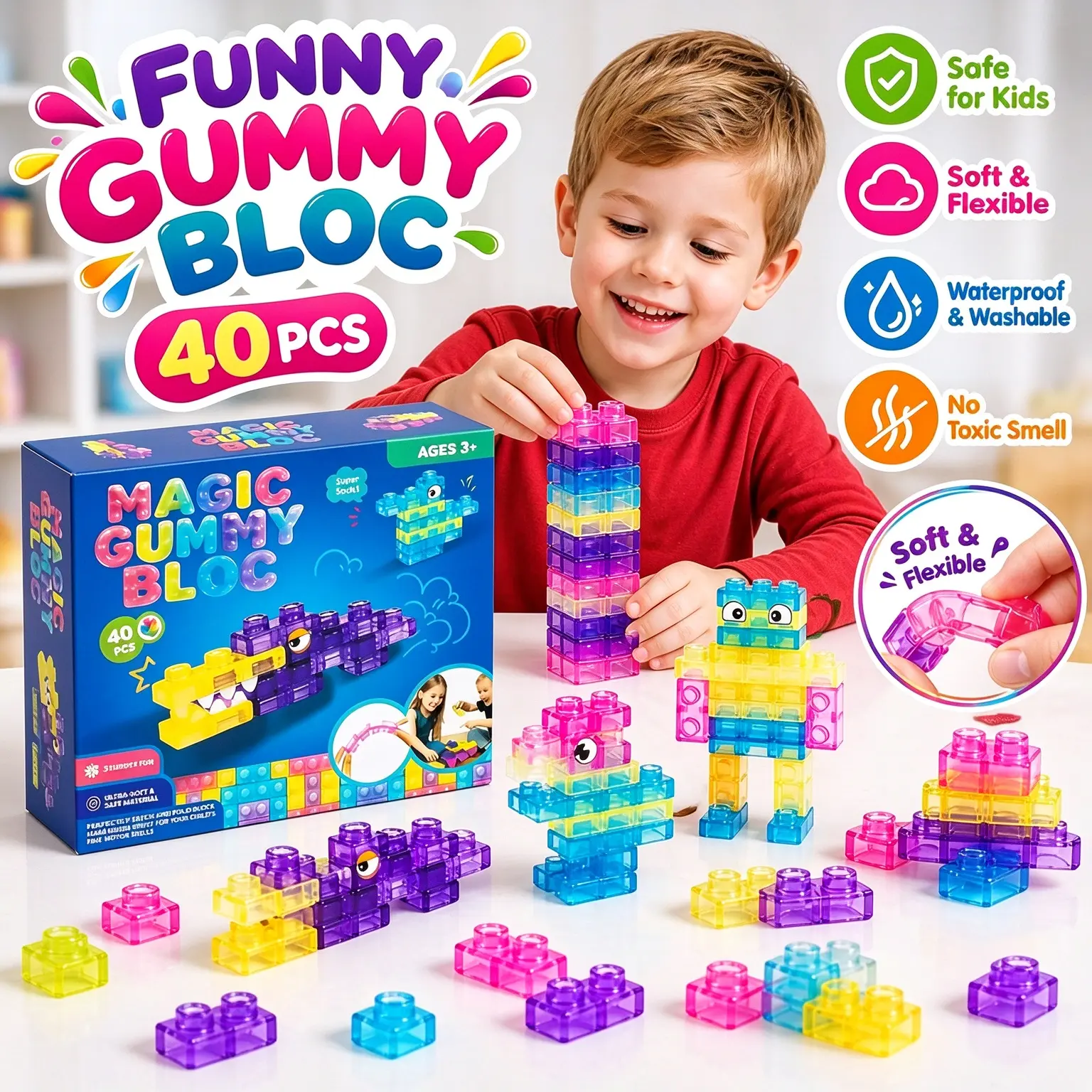 Assorted Translucent Gummy Building Block Set, Ultra-Soft Texture, Flexible Bends, Secure Click-Lock, Squishable Colorful Stacking Blocks, Stress Relief Sensory Kids Toys Play, Gifts for Kids, Classroom Rewards