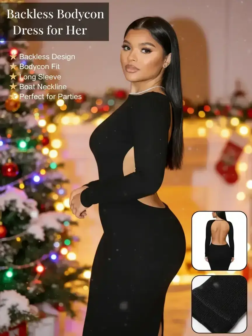 Women's Solid Backless Bodycon Knit Dress, Fashion Long Sleeve Boat Neck Long  Dress for Party Club Dating Wear, Women Dress for Fall Fit, Womenswear -  TikTok Shop