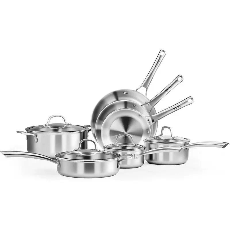 ROVSUN 11-Pcs Stainless Steel Cookware Set, Tri-Ply Pots and Pans Set with Lids, Full Clad Stainless Steel, Non-Toxic Kitchen Set, PFOA & PTFE Free, Compatible for All Cooktops