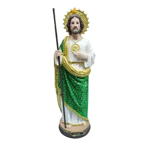 San Judas 16" Inch Vestido Green Cloth  Figure with Green and Gold Accents and Holding a Staff Saint Jude Statue San Juditas Alta CALIDAD