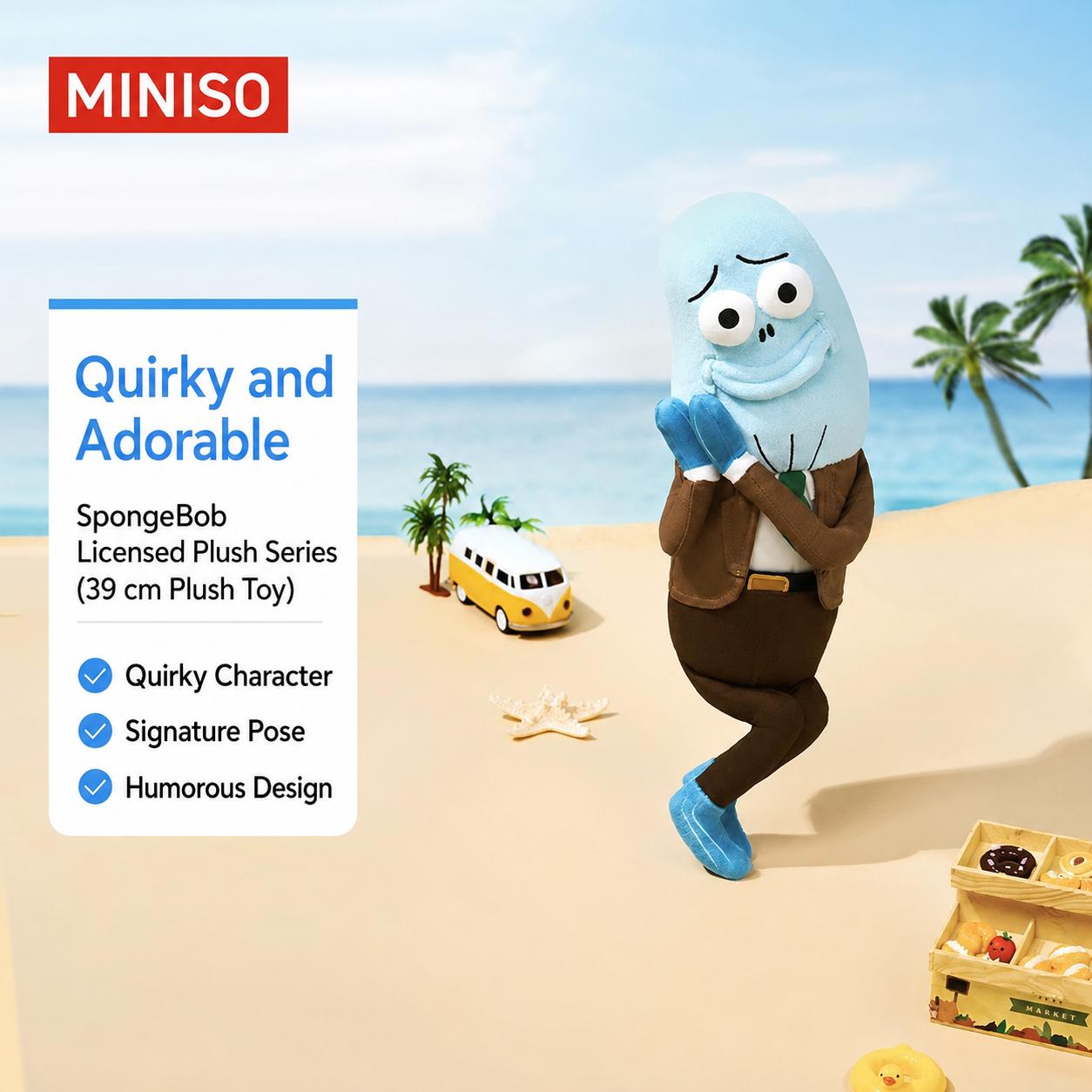 MINISO SpongeBob Happy Fish Plush Toy, Cute Soft Fish Stuffed Animal, Huggable Cartoon Plush, Bed & Sofa Decor Gift
