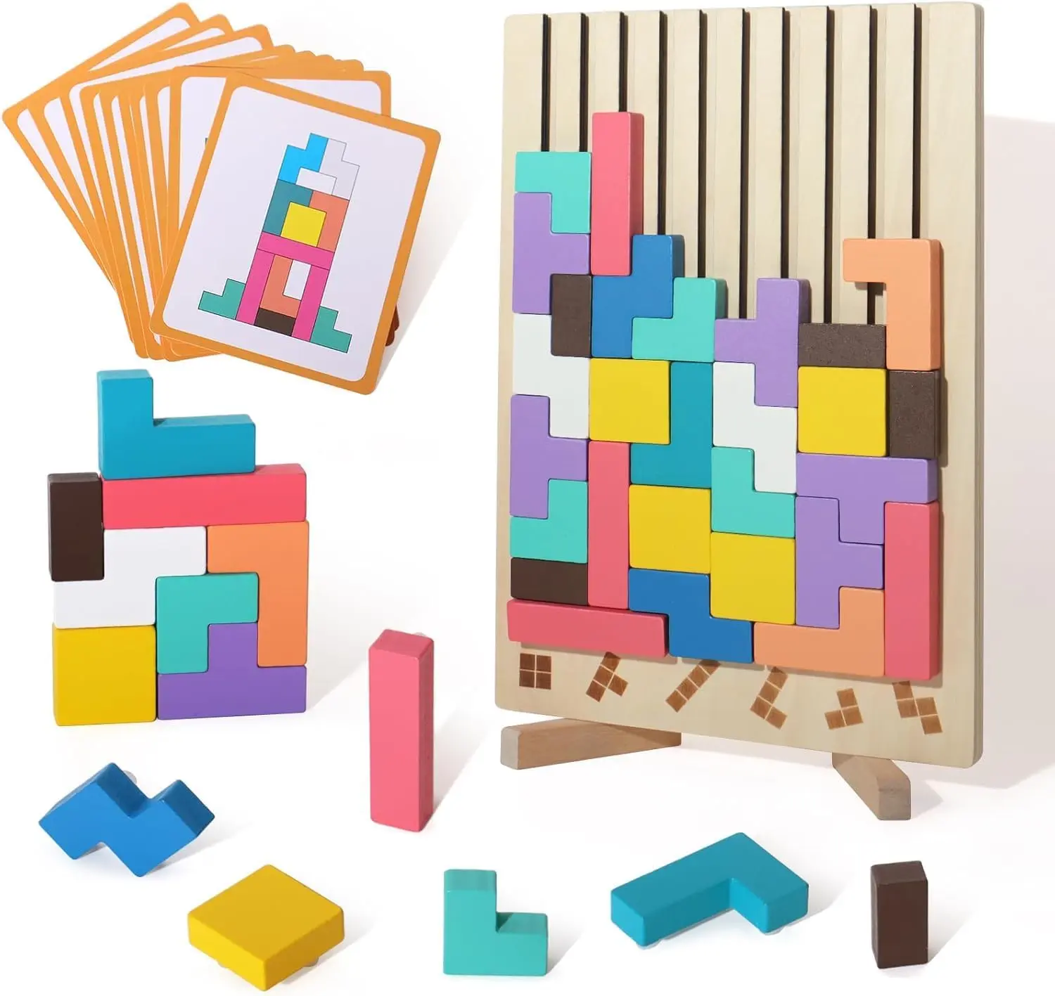 Wooden colored 3D Russian block puzzle jigsaw toy, Montessori educational gift for boys and girls, board game educational toys for toddlers, brain teasers for toddlers aged 3–6 years