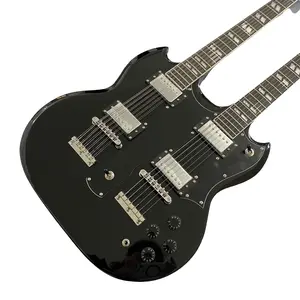Black double-neck electric guitar with solid body, chrome hardware, 6+12 strings, rosewood fretboard