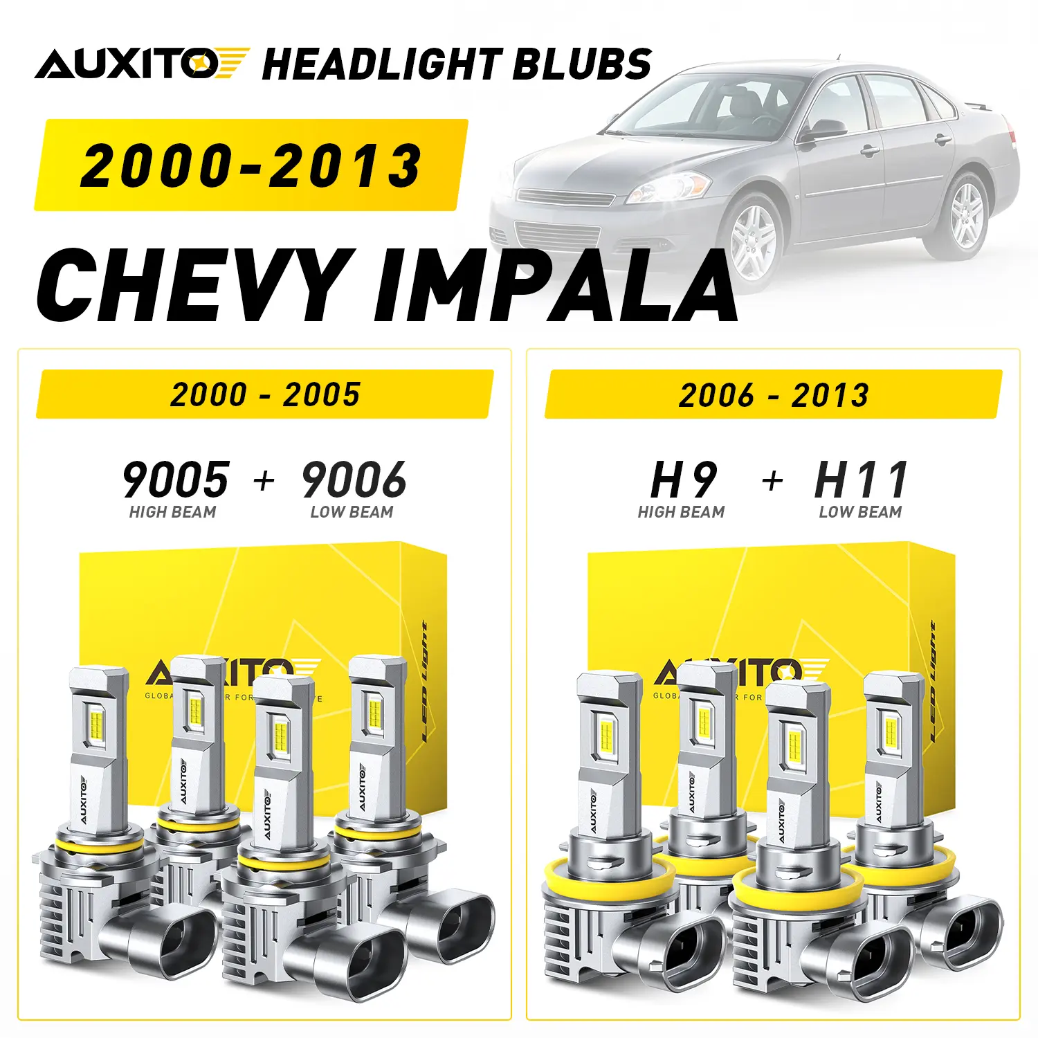 2000-2013 Chevy Impala AUXITO LED Headlight Bulbs, 9005 High Beam & 9006 Low Beam (2000-2005), H9 High Beam & H11 Low Beam (2006-2013), 30000LM 6500K Cool White, Anti-glare,CANBUS Ready,No error,No Flickering, Plug and Play