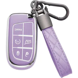 for Key Fob with Keychain Soft TPU Full Protection Key Case Shell for Grand Cherokee Wrangler Compass Grand Comander Chrysler 200 300 Charger Challenger 5 Button, Y-Purple