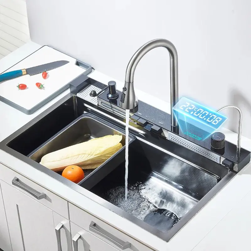304 Stainless Steel Rectangle Waterfall Kitchen Sink Set - Large Single Slot, Integrated Digital Display Faucet, Soap Dispenser, 2button d2, 4button grey, 75*45cm Modern