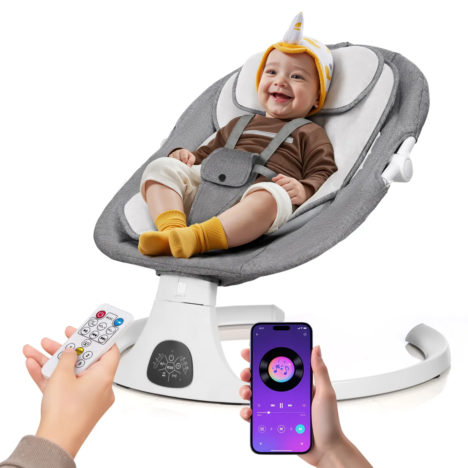 3-in-1 Multifunctional Baby Rocker, Portable Baby Cradle with Remote Control, 5-Point Harness, 5 Built-in Automatic Rocking Modes, 3 Timer Settings, Electric with Music & Bluetooth Capability (Suitable for Babies Aged 0-12 Months)