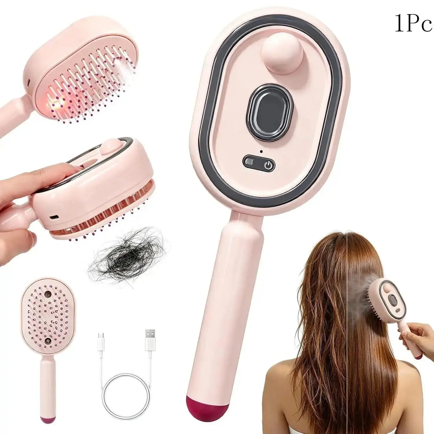 Rechargeable Electric Steam Brush with Hydrating Mist for Frizz Control, Detangling Air Cushion Comb with Red Light Therapy for All Hair Types, Rubber Bristles, Smoothness, Single Unit, One Piece