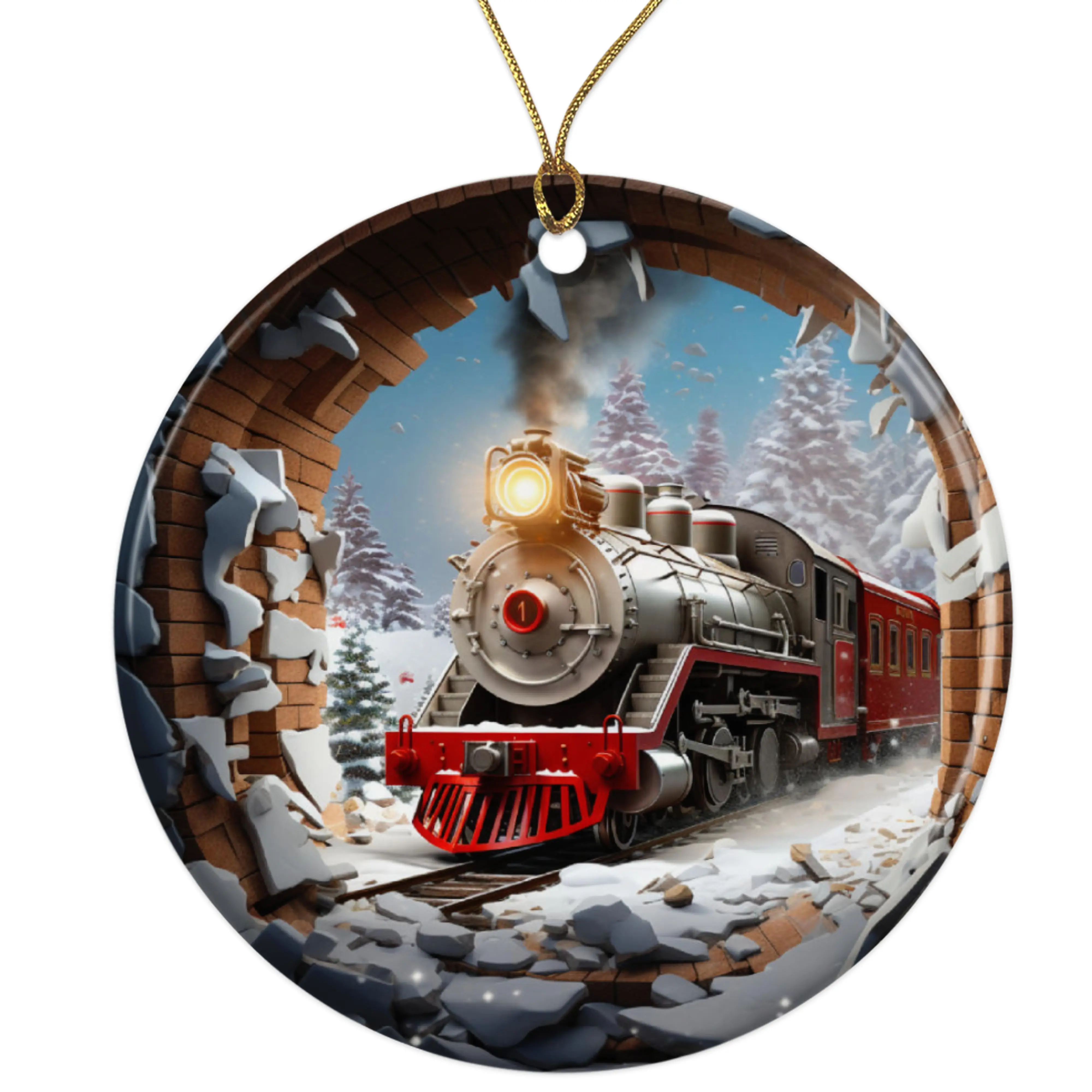 Train Winter Locomotive Ceramic Ornament - Breakthrough 3D Effect Burst Illusion Kids Ornament - 3 Inch Christmas Tree Round Ornament - Xmas Holiday Decor - String Included - ORNW0052