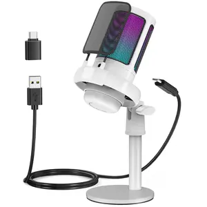 USB Microphone for Computer, Condenser Mic with One-Touch Mute and Adjustable Gain Knob, Includes Stand, Pop Filter, RGB Indicator and Shock Mount, Ideal for Podcast, Video and Streaming, Compatible with PS4/5 and PC