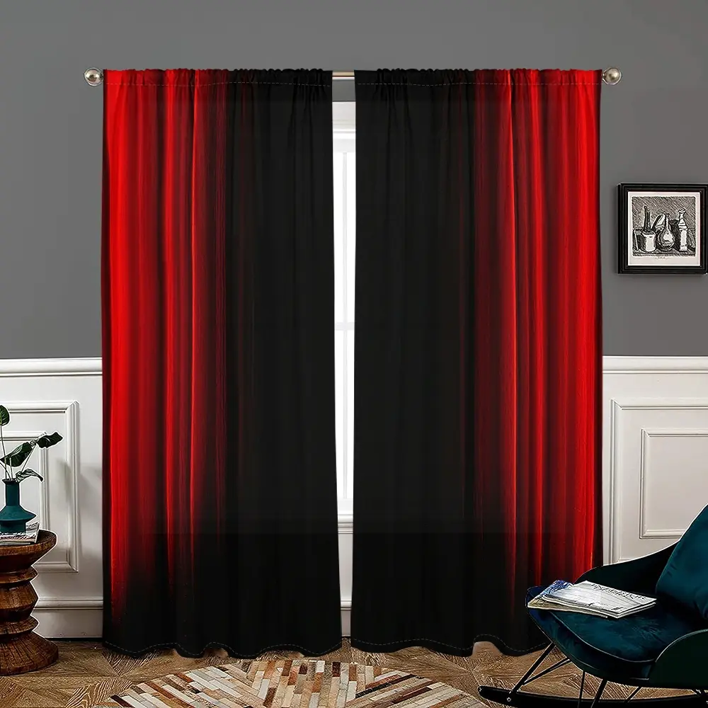 2 pieces, red and black gradient printed curtains, Curtain for Windows, Window Drapes, modern style, pole pocket style, semi sunshade polyester fiber, suitable for home living room, bedroom, balcony, kitchen, study, easy to clean, Easy Install