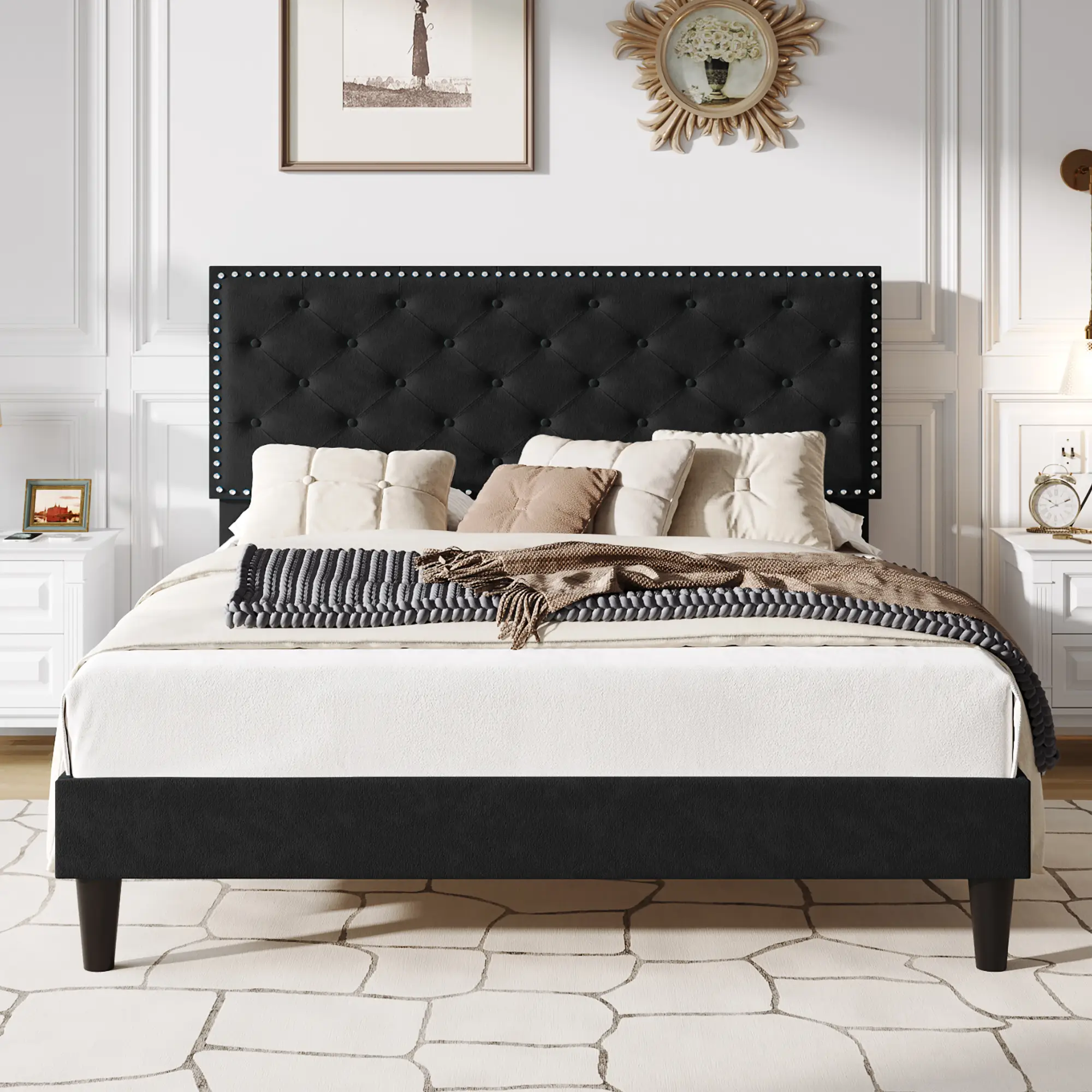 【Clearance】SHA CERLIN Fulll/Queen/King Size Velvet Bed Frame with Adjustable Headboard,【Frame Only No Mattress】 Diamond Button Tufted and Rivet Decor,