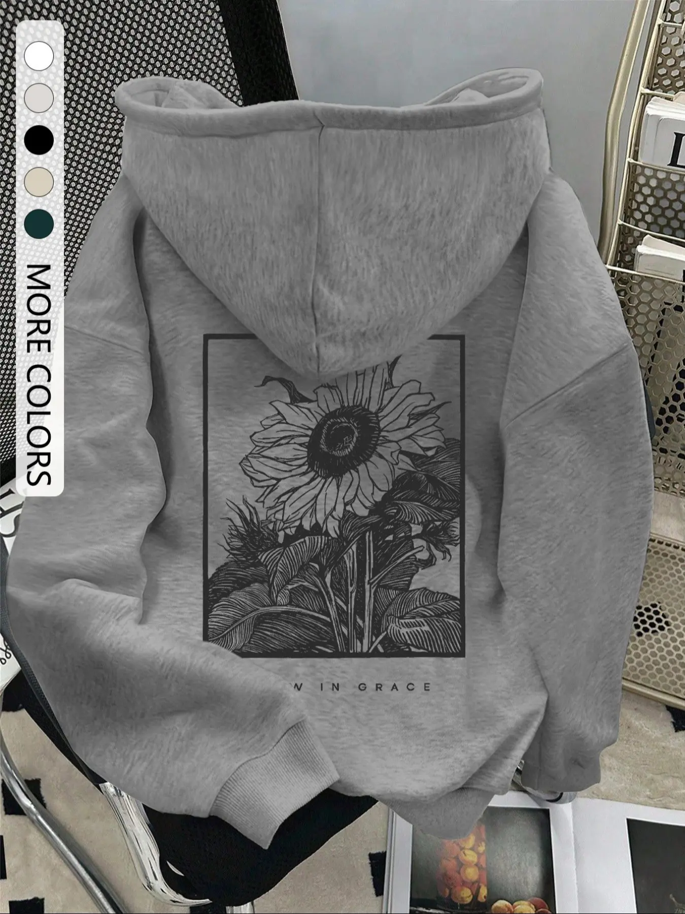 Women's Sunflower Print Hoodie, Casual Loose-Fit Drawstring Pocket Sweatshirt, Fall Winter Fashion, Daily Wear, Ladies Home Clothes